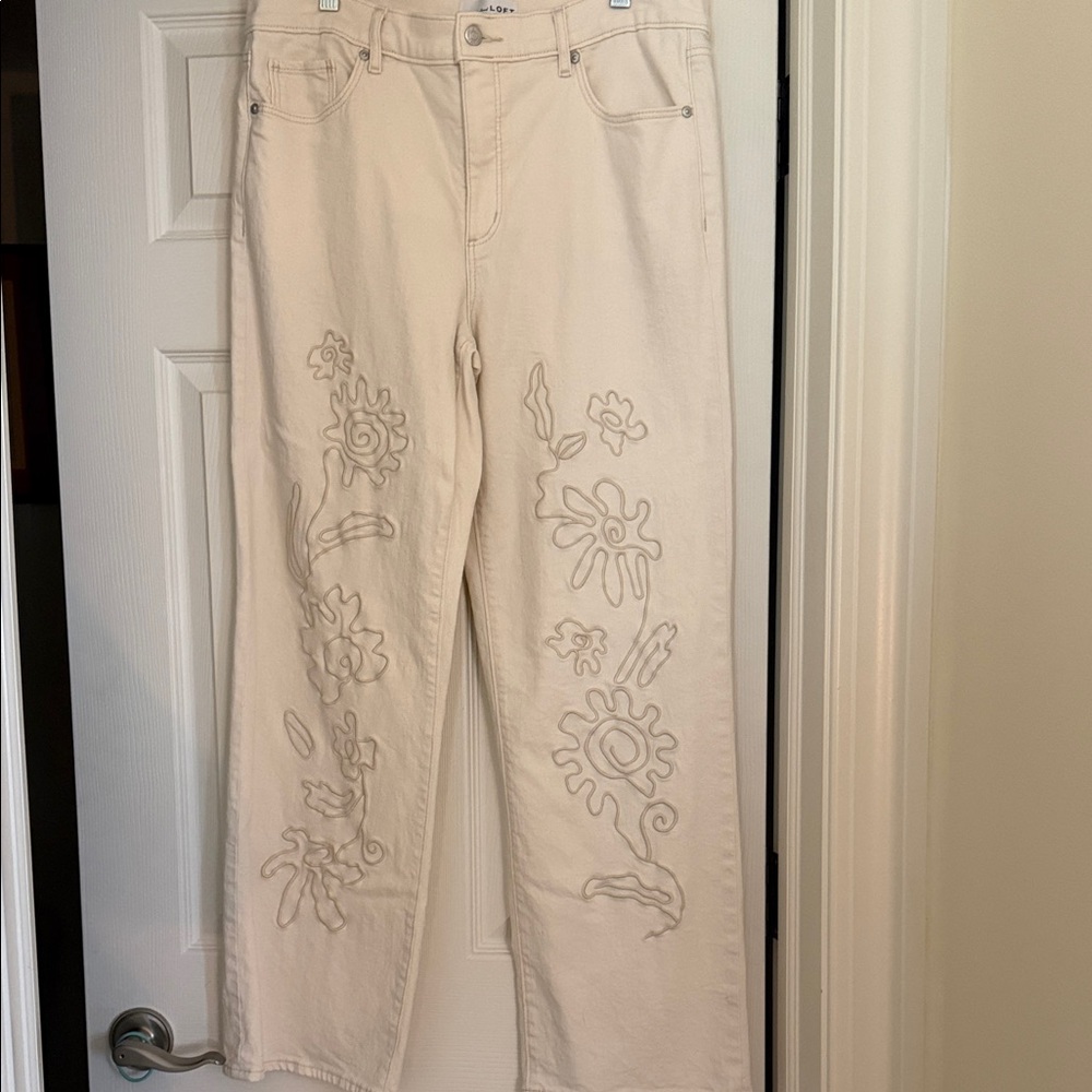 LOFT Cream Embroidered Straight Leg Jeans